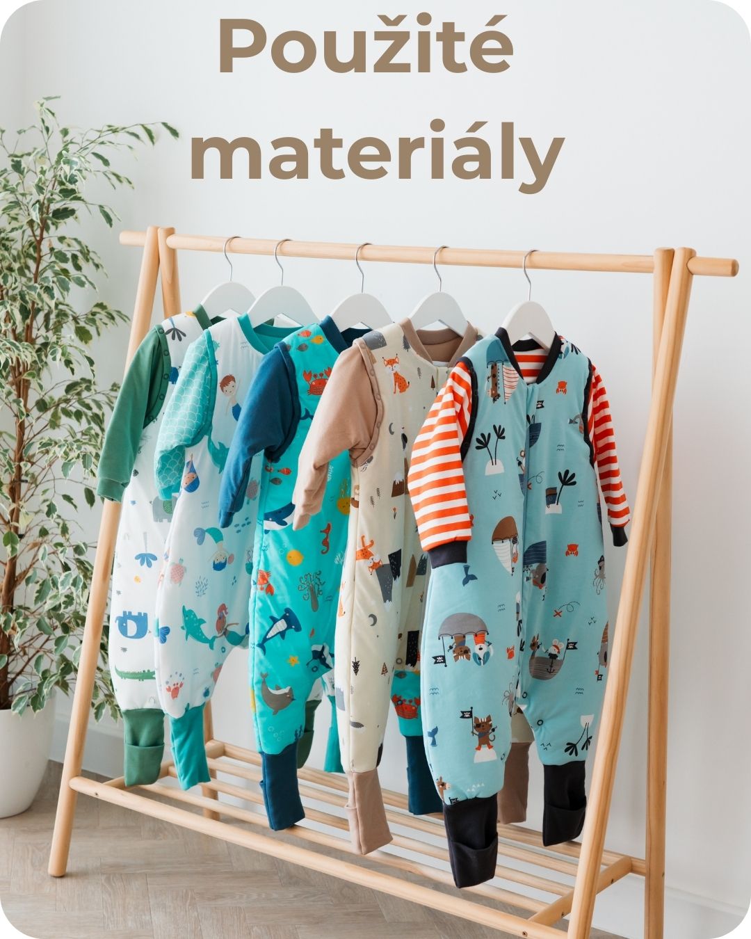 Použité materiály dětských spacích pytlů — bavlna, OEKO-TEX, výplň — kliknutím přejdete na detail