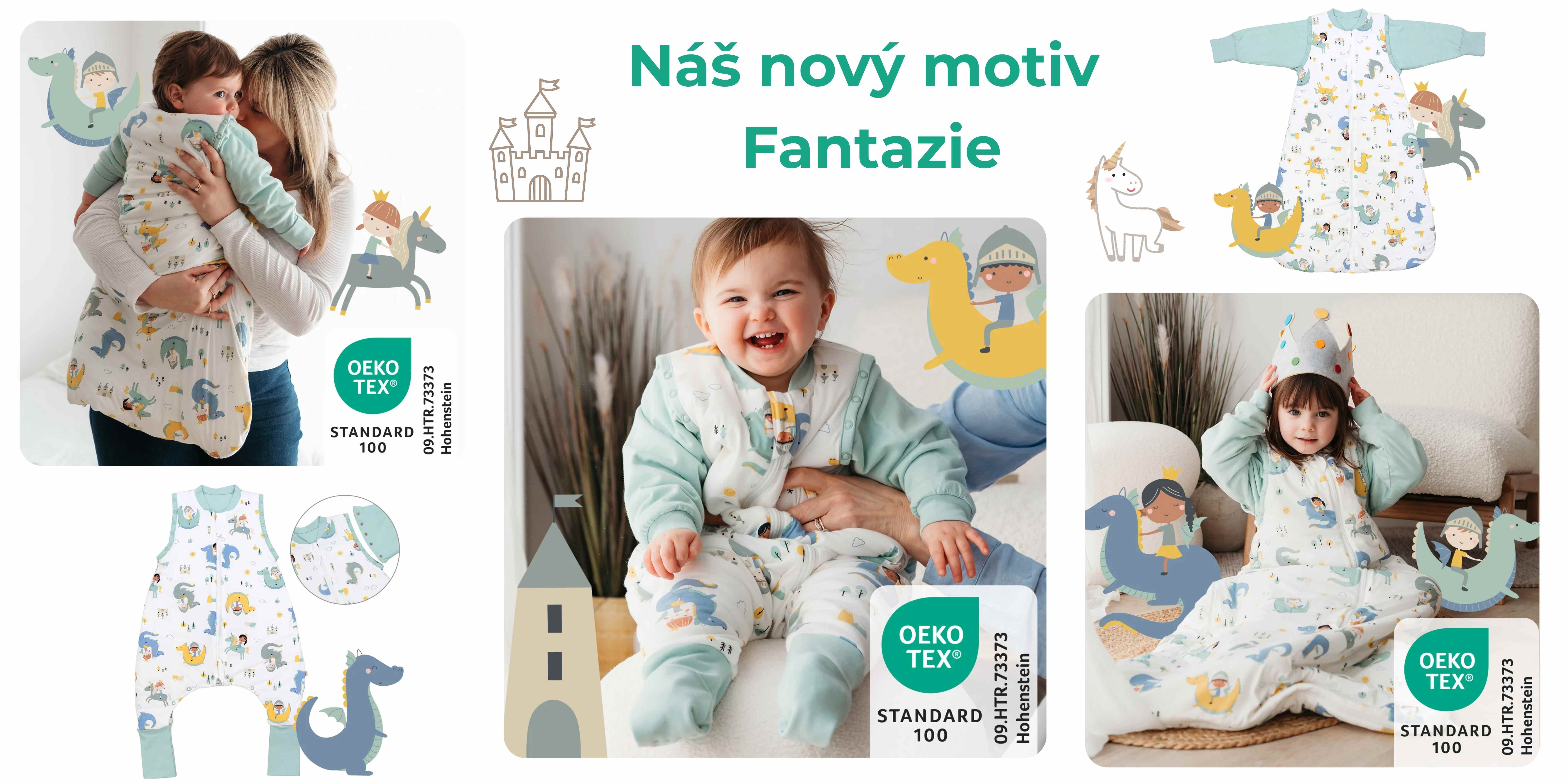 Dětský spací pytel v motivu Fantazie s ilustracemi draků, rytířů, jednorožců a princezen v jemných barvách, v letním lehkém provedení.