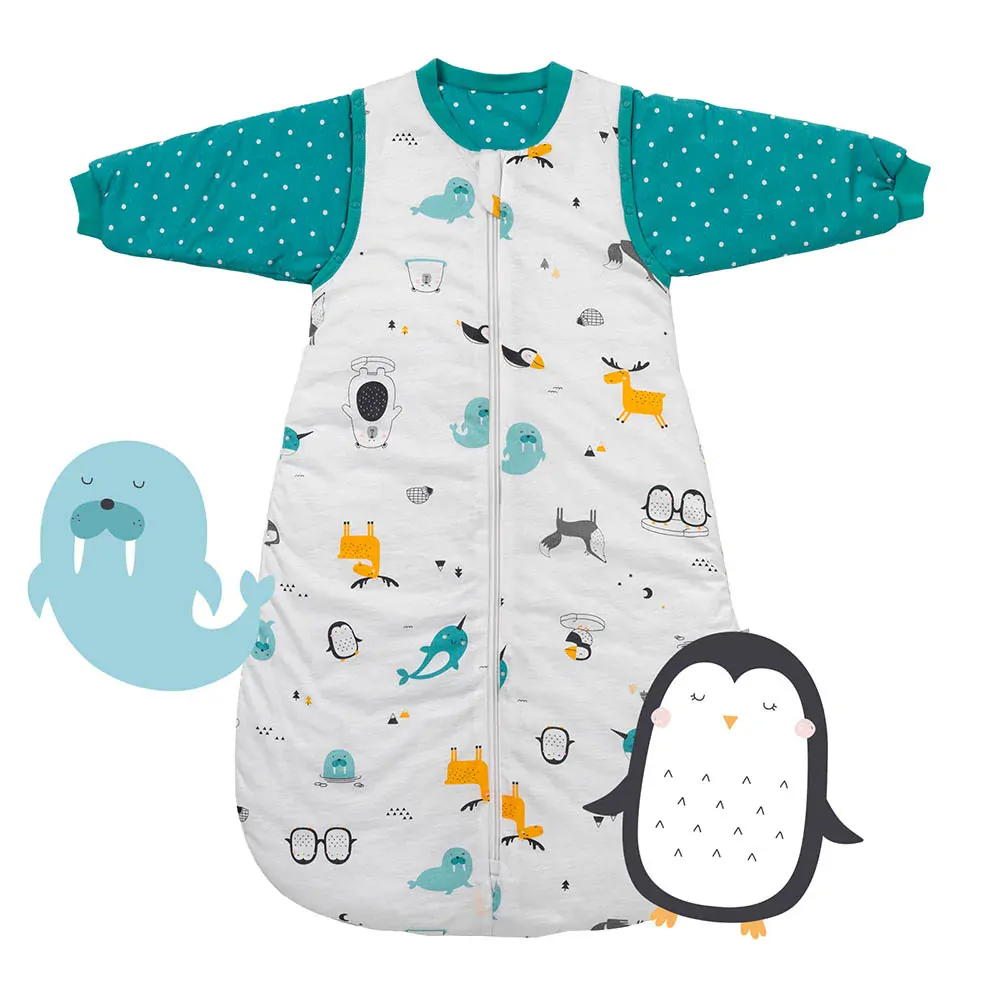 ORGANICKÁ BAVLNA – Modrý NOVOROZENECKÝ CELOROČNÍ dětský spací pytel S ODEPÍNACÍMI RUKÁVY 0-3měsíce, 56cm