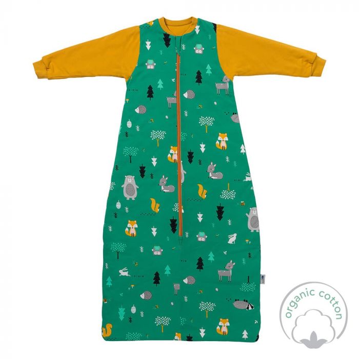 ORGANICKÁ BAVLNA - Zelený ZIMNÍ dětský spací pytel S RUKÁVY 6-10let, 150cm