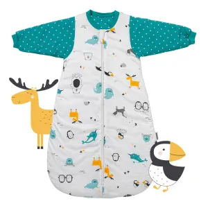 ORGANICKÁ BAVLNA – Modrý NOVOROZENECKÝ ZIMNÍ dětský spací pytel s RUKÁVY 0-3 měsíce, 56cm