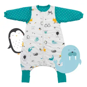 ORGANICKÁ BAVLNA - Modrý ZIMNÍ PROTISKLUZOVÝ spací pytel s nohavičkami a s ODEPÍNACÍMI RUKÁVY 60cm