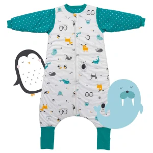 ORGANICKÁ BAVLNA - Modrý ZIMNÍ PROTISKLUZOVÝ spací pytel s nohavičkami a s ODEPÍNACÍMI RUKÁVY 130cm