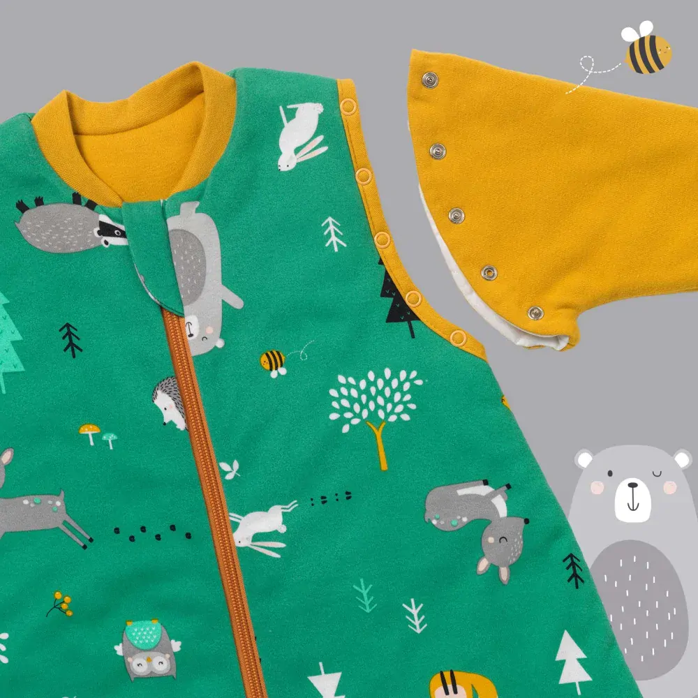 ORGANICKÁ BAVLNA - Zelený CELOROČNÍ dětský spací pytel s ODEPÍNACÍMI rukávy, 6-18měsíců, 90cm