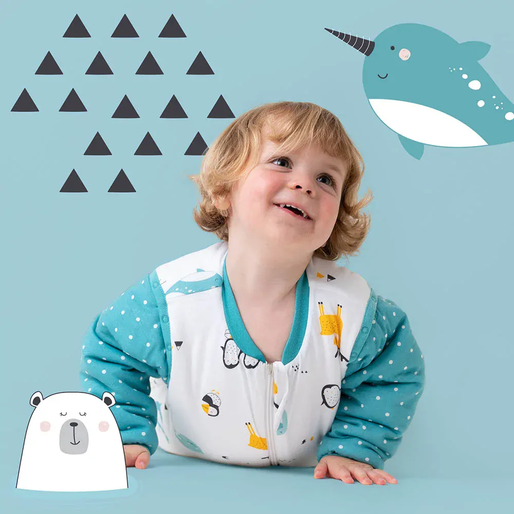 ORGANICKÁ BAVLNA - Modrý CELOROČNÍ dětský spací pytel s ODEPÍNACÍMI rukávy, 6-18měsíců, 90cm