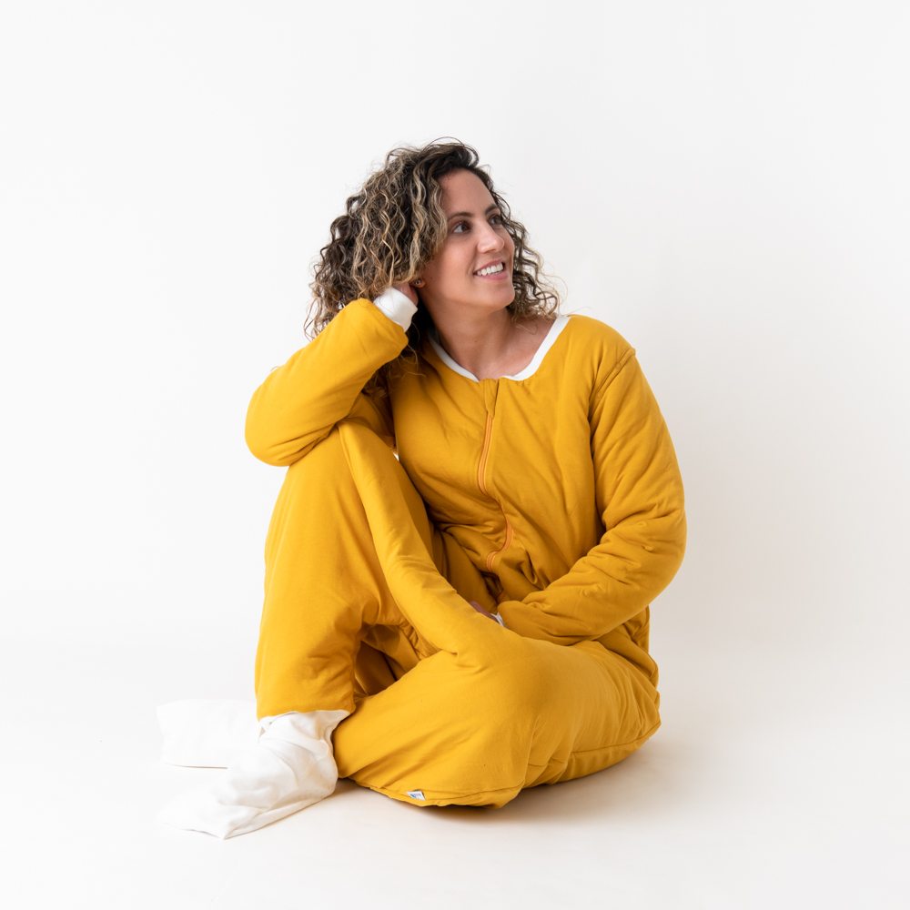 Žlutý CELOROČNÍ spací pytel s nohavičkami a odepínacími rukávy, vel.S 