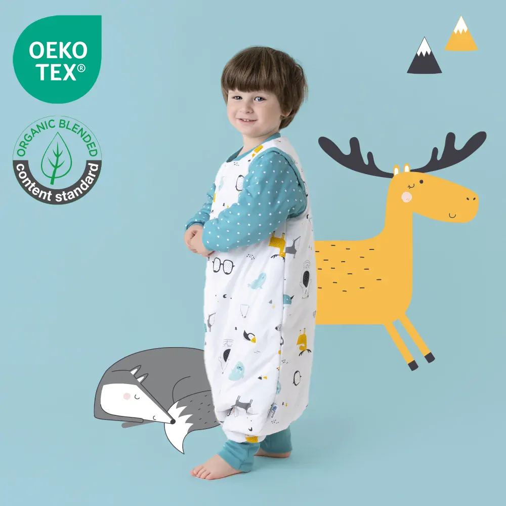 ORGANICKÁ BAVLNA - Modrý ZIMNÍ PROTISKLUZOVÝ spací pytel s nohavičkami a s ODEPÍNACÍMI RUKÁVY 60cm