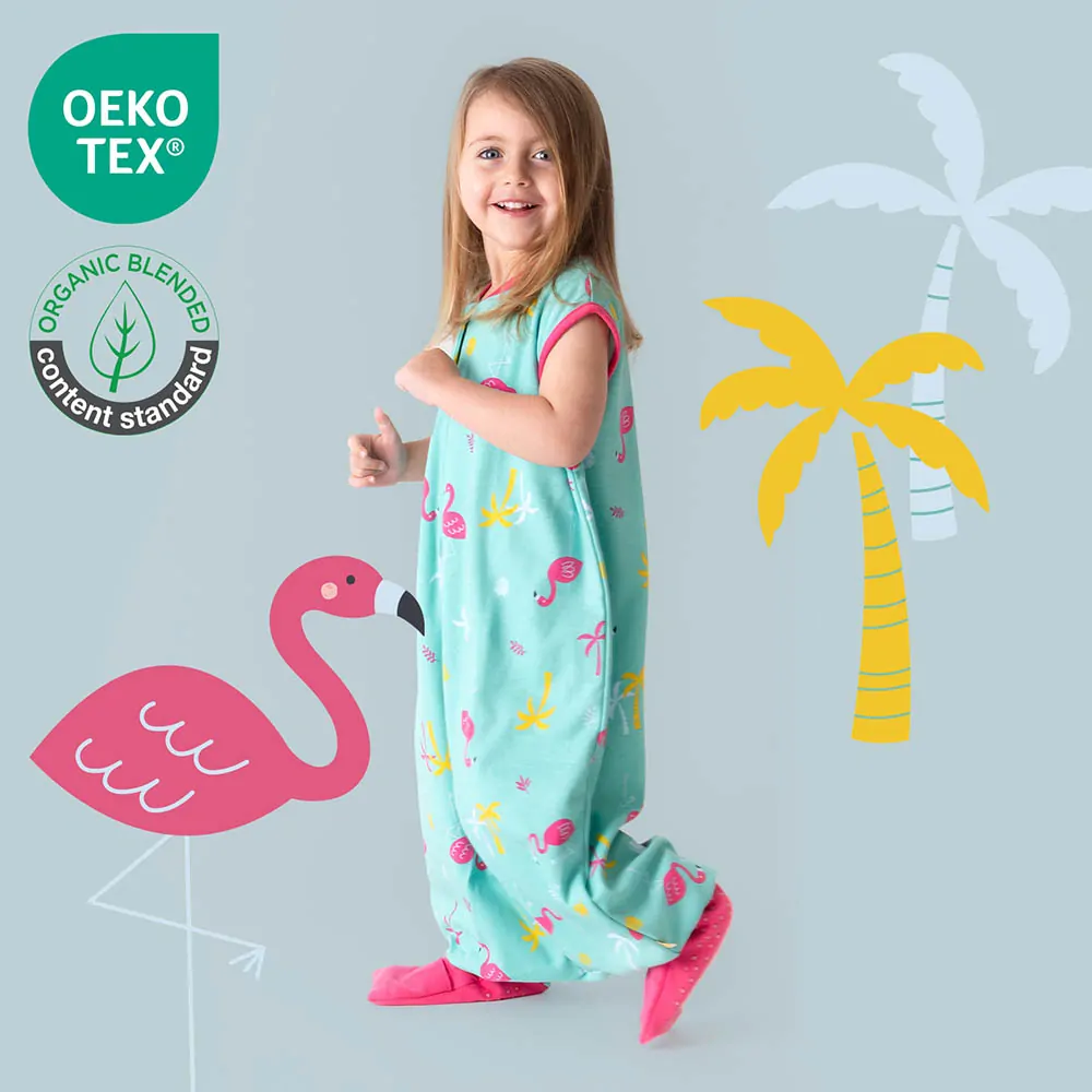 ORGANICKÁ BAVLNA - Plameňáci LETNÍ PROTISKLUZOVÝ spací pytel s nohavičkami 70cm