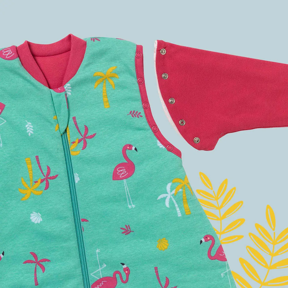 ORGANICKÁ BAVLNA - Plameňáci CELOROČNÍ dětský spací pytel s ODEPÍNACÍMI RUKÁVY 12-36 měsíců, 110cm