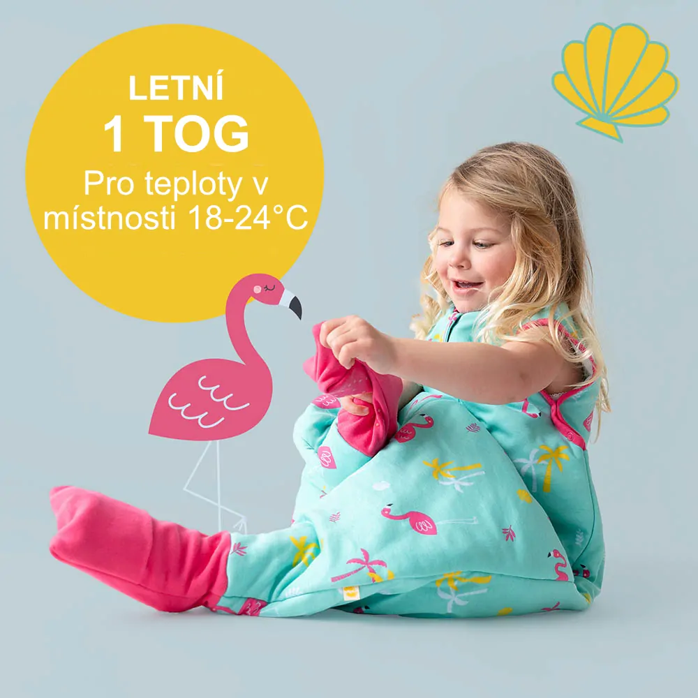 ORGANICKÁ BAVLNA - Plameňáci LETNÍ PROTISKLUZOVÝ spací pytle s nohavičkami 80cm