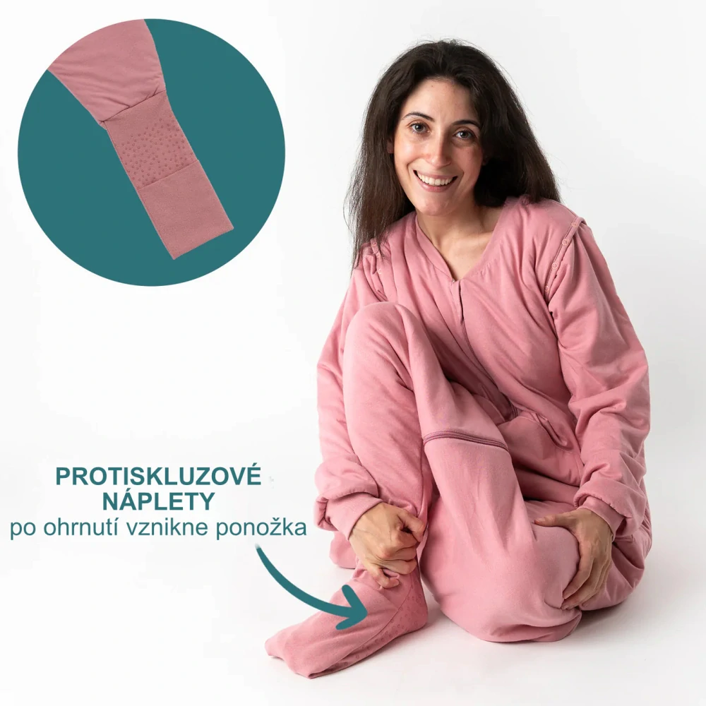 Pastelově růžový CELOROČNÍ spací pytel s KAPSAMI, nohavičkami a odepínacími rukávy, vel.S