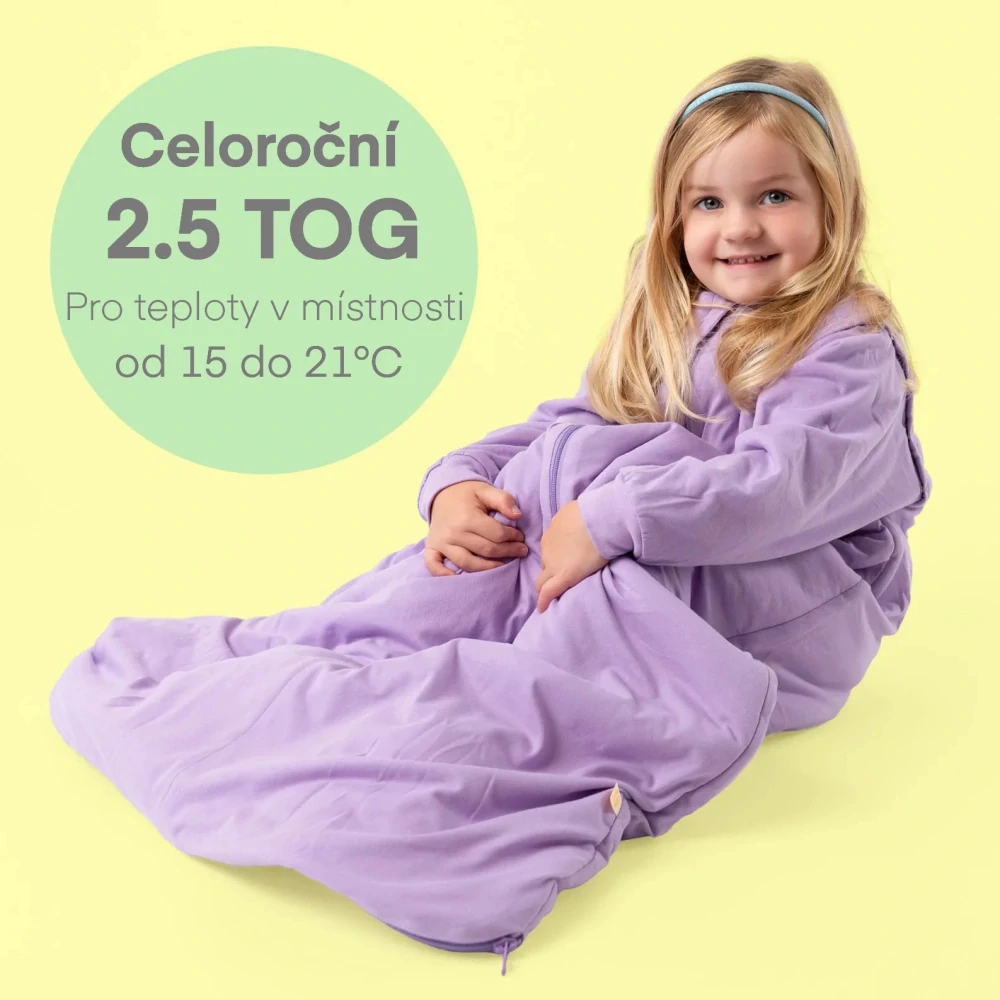 Levandule CELOROČNÍ dětský spací pytel s ODEPÍNACÍMI RUKÁVY 6-10 let, 150cm