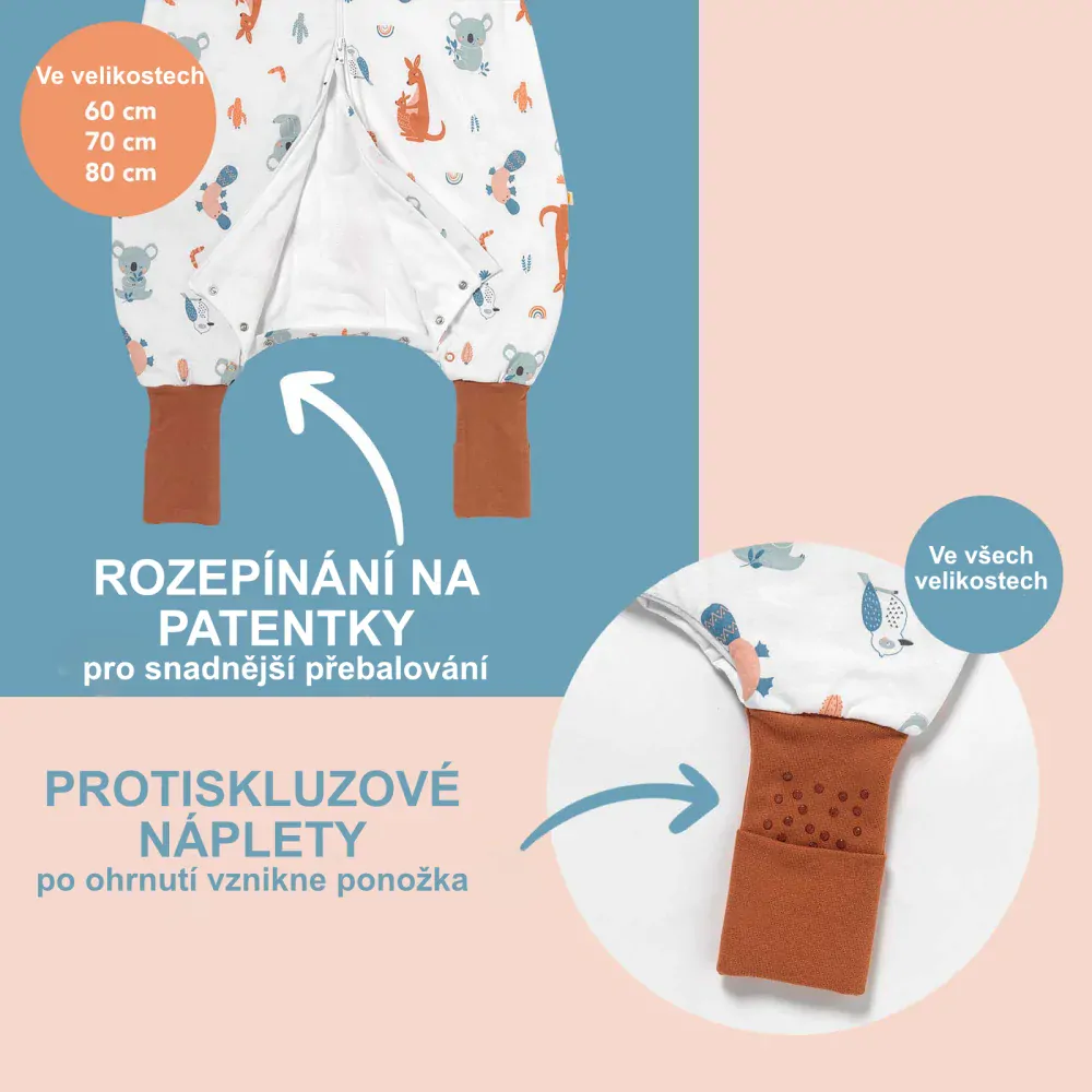 Hlavou vzhůru LETNÍ PROTISKLUZOVÝ spací pytel s nohavičkami 90cm