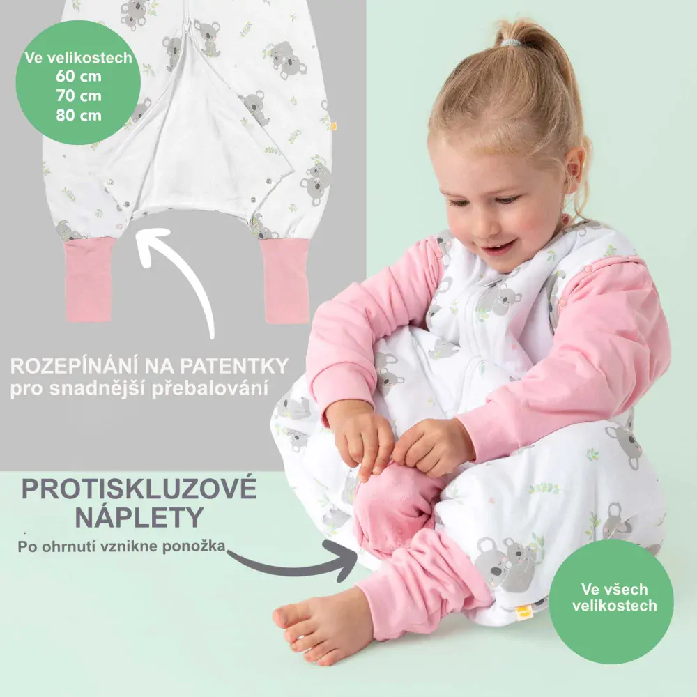 Koala ZIMNÍ PROTISKLUZOVÝ spací pytel s nohavičkami a s ODEPÍNACÍMÍ RUKÁVY 90cm