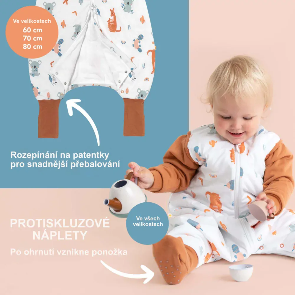 Hlavou vzhůru ZIMNÍ PROTISKLUZOVÝ spací pytel s nohavičkami a s ODEPÍNACÍMI RUKÁVY 90cm