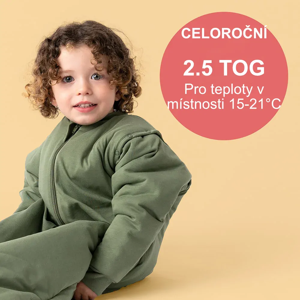 Olivový CELOROČNÍ PROTISKLUZOVÝ spací pytel s nohavičkami a s ODEPÍNACÍMI RUKÁVY 100cm