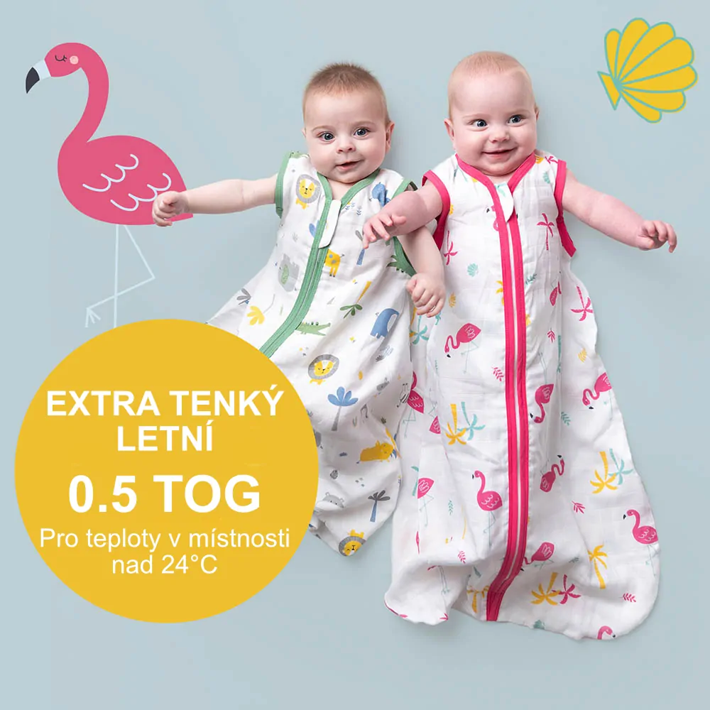 Plameňáci MUŠELÍNOVÝ 0.5Tog EXTRA TENKÝ LETNÍ dětský spací pytel 12-36měsíců, 110cm