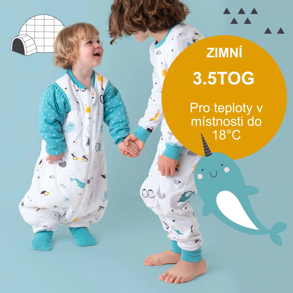 ORGANICKÁ BAVLNA - Modrý ZIMNÍ PROTISKLUZOVÝ spací pytel s nohavičkami a s ODEPÍNACÍMI RUKÁVY 130cm