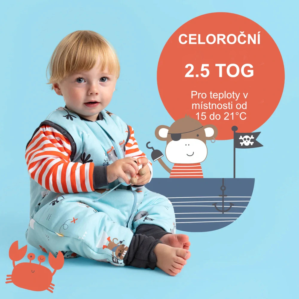 Piráti CELOROČNÍ PROTISKLUZOVÝ spací pytel s nohavičkami a s ODEPÍNACÍMI RUKÁVY 120cm