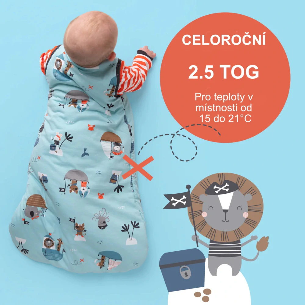 Piráti CELOROČNÍ dětský spací pytel s ODEPÍNACÍMI rukávy 6-18měsíců, 90cm