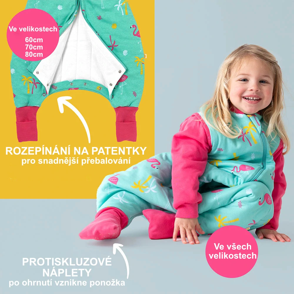 ORGANICKÁ BAVLNA - Plameňáci CELOROČNÍ PROTISKLUZOVÝ spací pytel s nohavičkami a s ODEPÍNACÍMI RUKÁVY 60cm