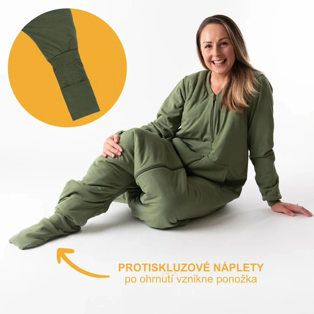 Olivový ZIMNÍ spací pytel s KAPSAMI, nohavičkami a odepínacími rukávy, vel.M 