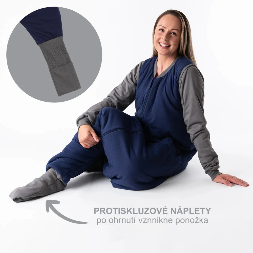 Modro-šedý ZIMNÍ spací pytel s KAPSAMI, nohavičkami a odepínacími rukávy, vel.M 