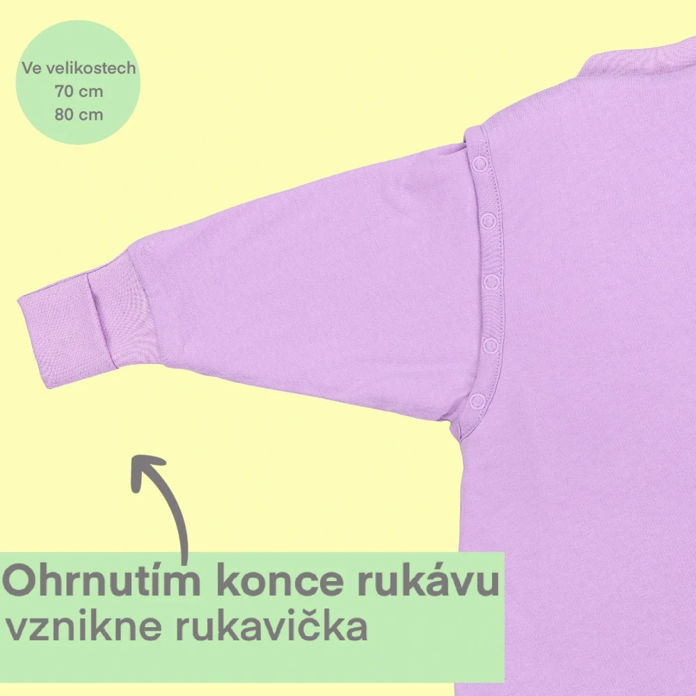 Levandule CELOROČNÍ PROTISKLUZOVÝ spací pytel s nohavičkami a s ODEPÍNACÍMI RUKÁVY 60cm