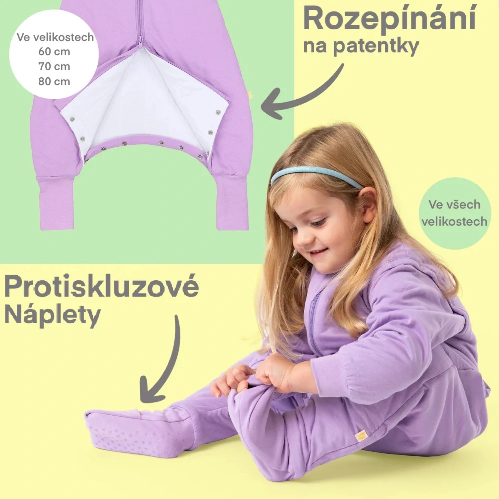 Levandule CELOROČNÍ PROTISKLUZOVÝ spací pytel s nohavičkami a s ODEPÍNACÍMI RUKÁVY 80cm