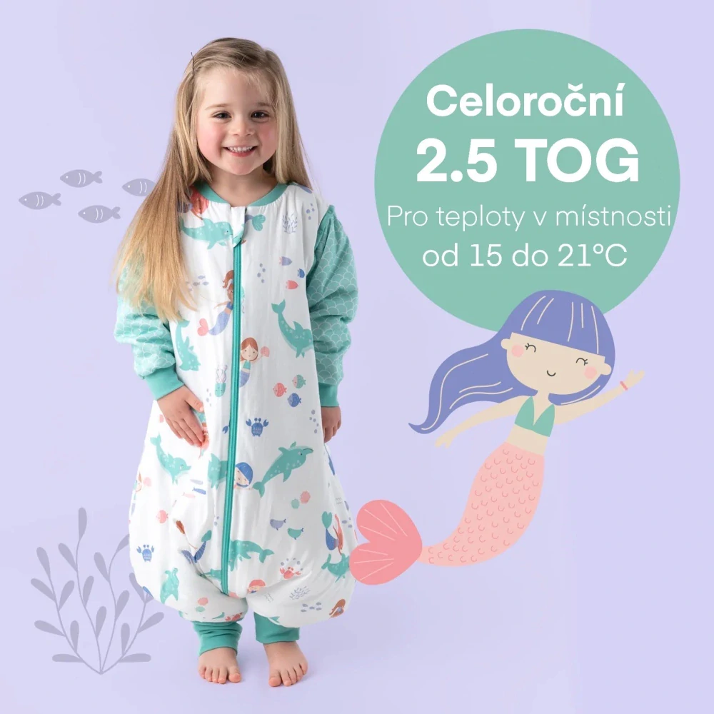 Mořská víla CELOROČNÍ PROTISKLUZOVÝ spací pytel s nohavičkami a s ODEPÍNACÍMI RUKÁVY 80cm