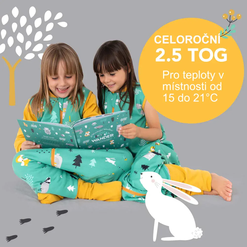 ORGANICKÁ BAVLNA - Zelený CELOROČNÍ PROTISKLUZOVÝ spací pytel s nohavičkami a s ODEPÍNACÍMI RUKVÁVY 110cm