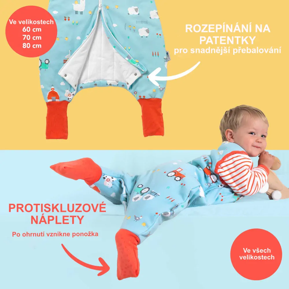 ORGANICKÁ BAVLNA - Červený ZIMNÍ PROTISKLUZOVÝ spací pytel s nohavičkami a s ODEPÍNACÍMI RUKÁVY 70cm