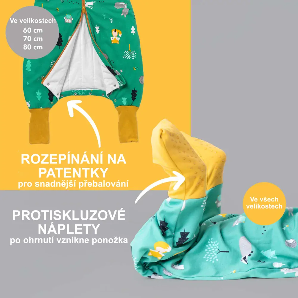 ORGANICKÁ BAVLNA - Zelený ZIMNÍ PROTISKLUZOVÝ spací pytel s nohavičkami a s ODEPÍNACÍMI RUKÁVY 80cm