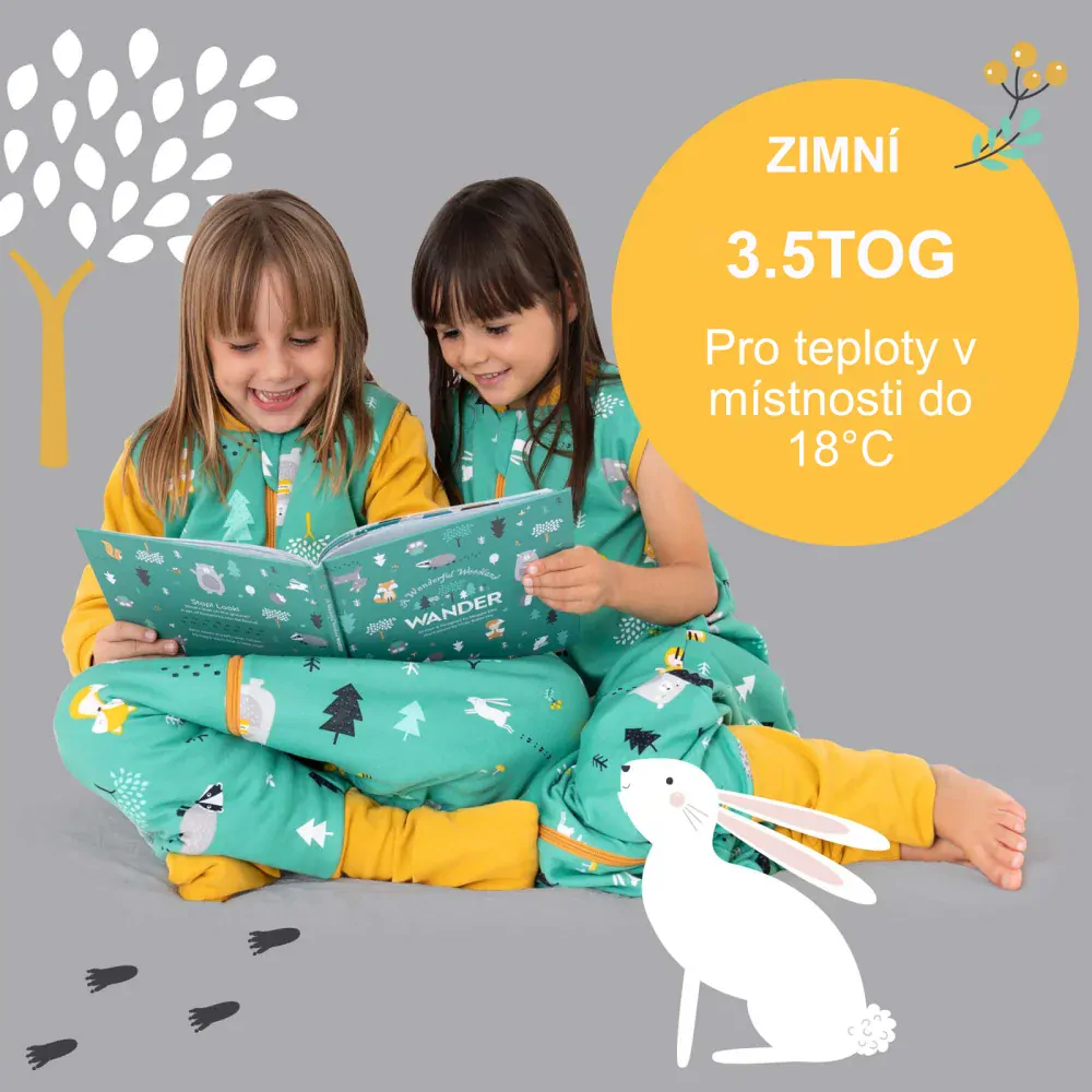 ORGANICKÁ BAVLNA - Zelený ZIMNÍ PROTISKLUZOVÝ spací pytel s nohavičkami a s ODEPÍNACÍMI RUKVÁVY 110cm