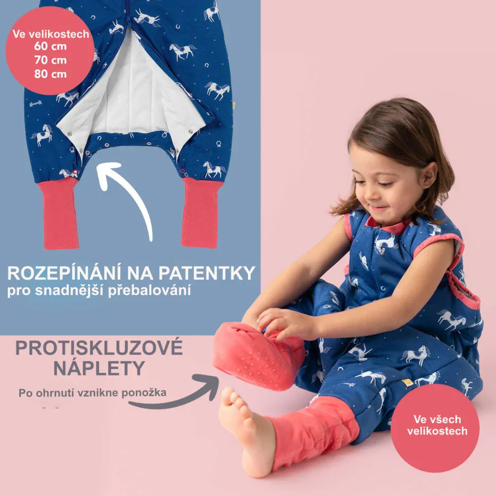 Koníci CELOROČNÍ PROTISKLUZOVÝ spací pytel s nohavičkami a s ODEPÍNACÍMI RUKÁVY 70cm