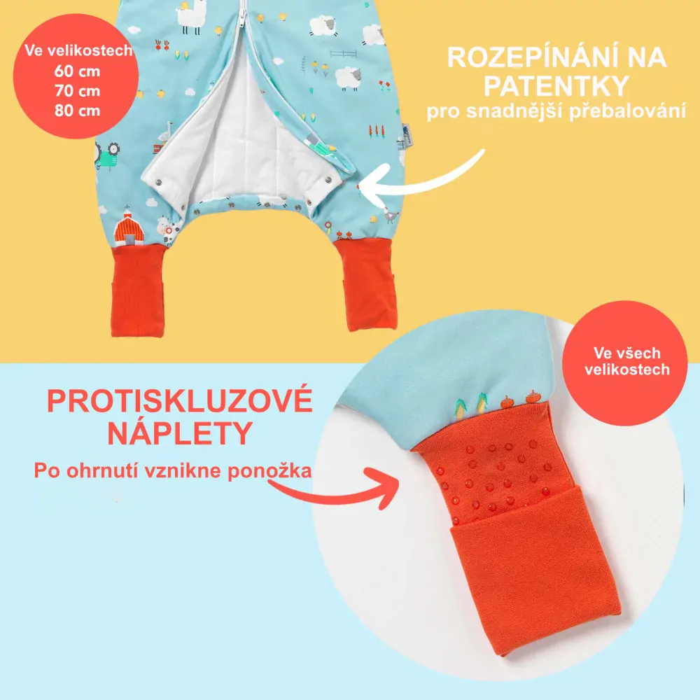 ORGANICKÁ BAVLNA - Červený LETNÍ PROTISKLUZOVÝ spací pytel s nohavičkami 70cm