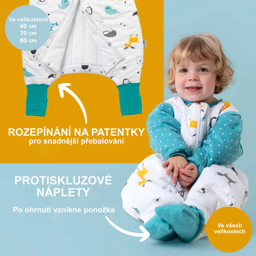 ORGANICKÁ BAVLNA - Modrý ZIMNÍ PROTISKLUZOVÝ spací pytel s nohavičkami a s ODEPÍNACÍMI RUKÁVY 60cm