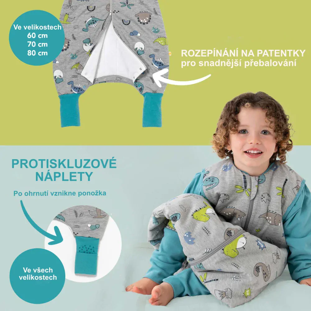 MODAL - Dinosauři CELOROČNÍ PROTISKLUZOVÝ spací pytel s nohavičkami a s ODEPÍNACÍMI RUKÁVY 70cm