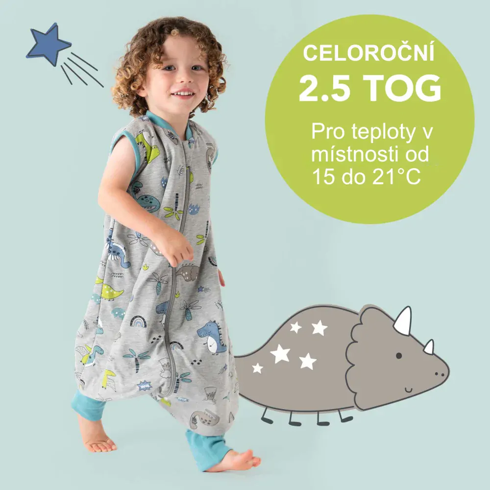 MODAL - Dinosauři CELOROČNÍ PROTISKLUZOVÝ spací pytel s nohavičkami a s ODEPÍNACÍMI RUKÁVY 60cm