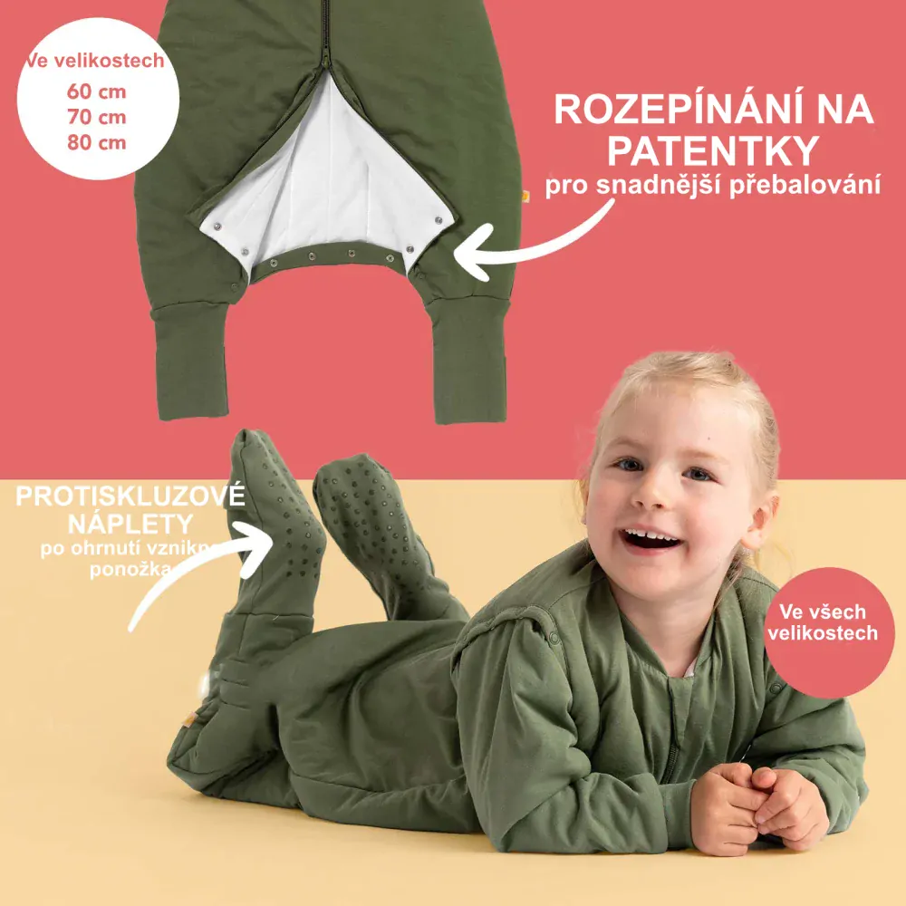 Olivový CELOROČNÍ PROTISKLUZOVÝ spací pytel s nohavičkami a s ODEPÍNACÍMI RUKÁVY 100cm