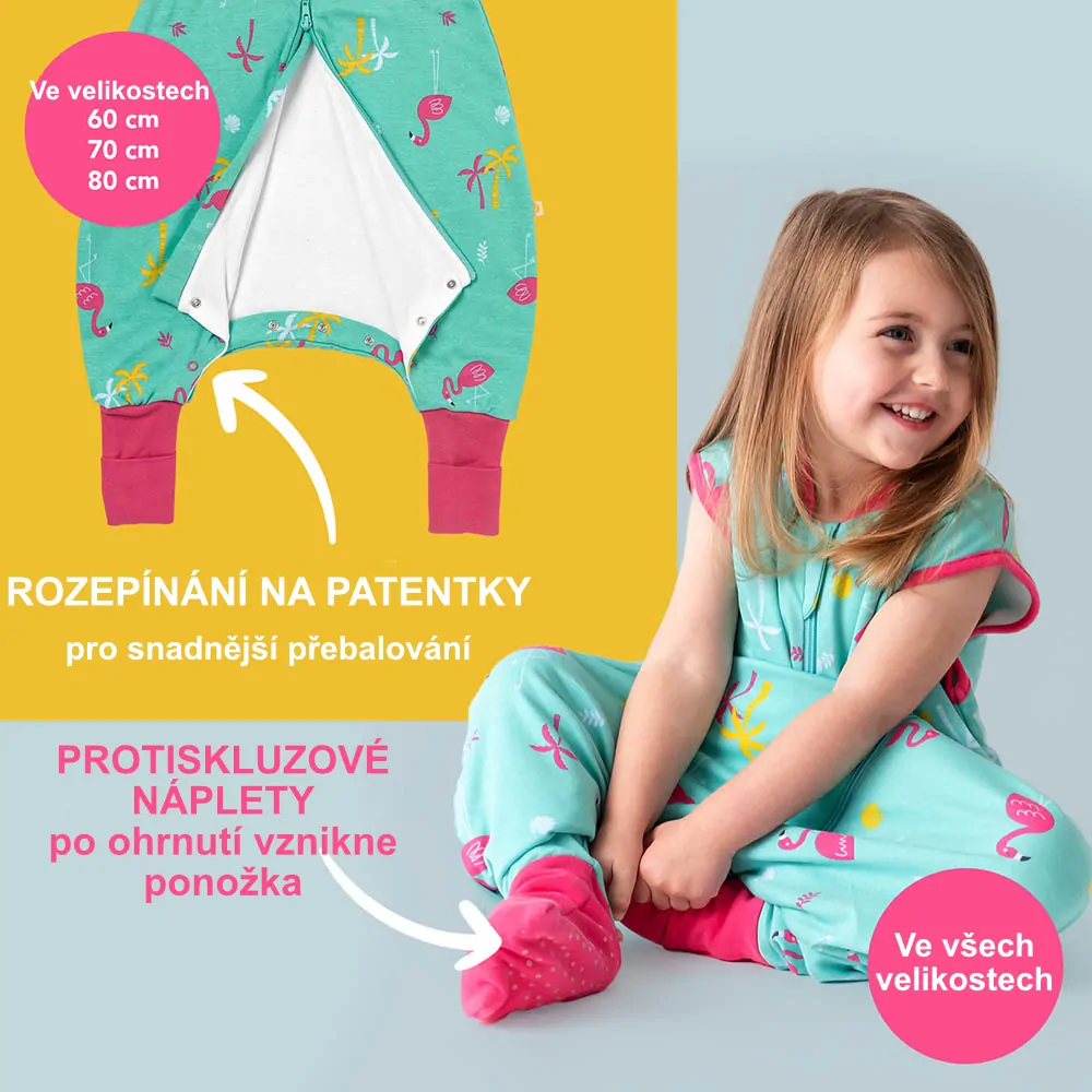 ORGANICKÁ BAVLNA - Plameňáci LETNÍ PROTISKLUZOVÝ spací pytel s nohavičkami 70cm