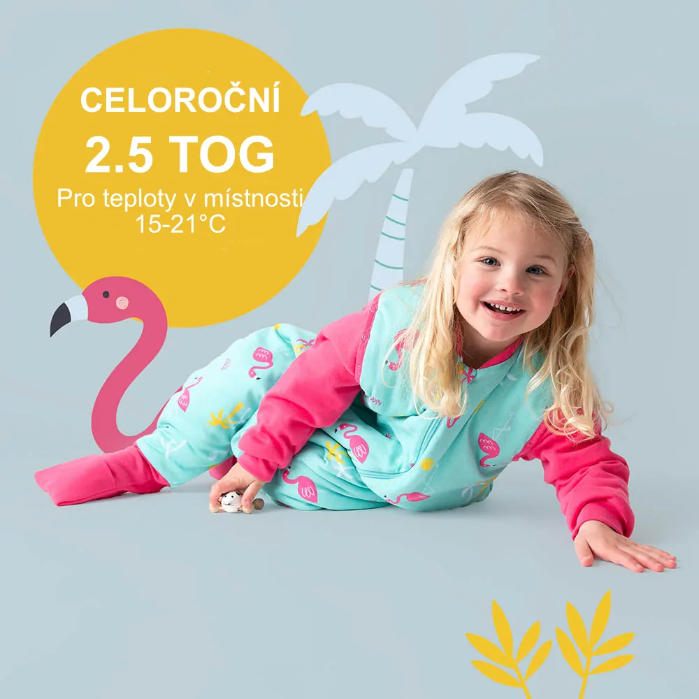 ORGANICKÁ BAVLNA - Plameňáci CELOROČNÍ PROTISKLUZOVÝ spací pytel s nohavičkami a s ODEPÍNACÍMI RUKÁVY 70cm
