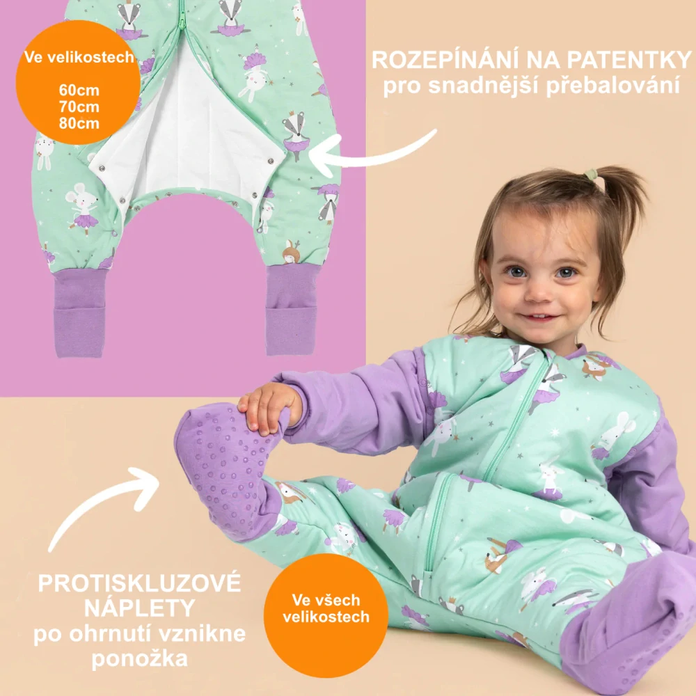 Balerína LETNÍ PROTISKLUZOVÝ spací pytel s nohavičkami a ODEPÍNACÍMI RUKÁVY 60cm