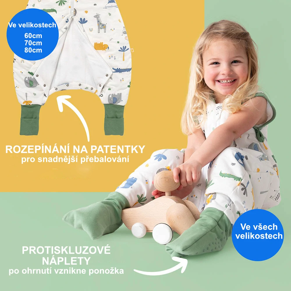 Džungle LETNÍ PROTISKLUZOVÝ spací pytel s nohavičkami a ODEPÍNACÍMI RUKÁVY 80cm