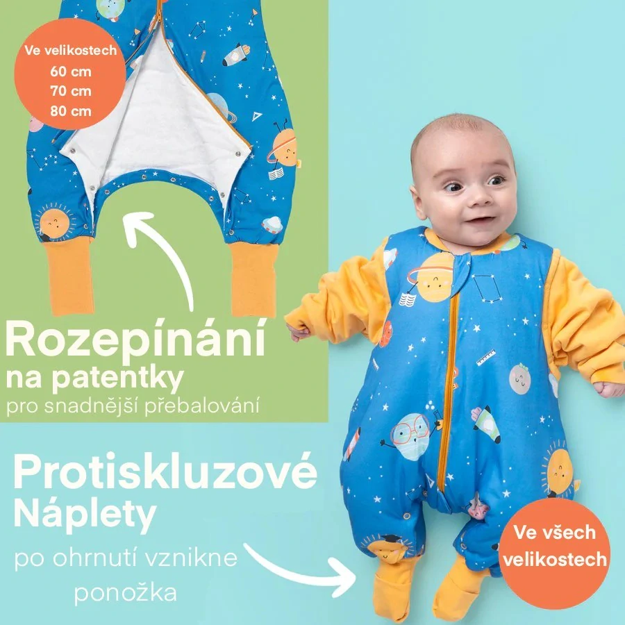 Vesmír CELOROČNÍ PROTISKLUZOVÝ spací pytel s nohavičkami a s ODEPÍNACÍMI RUKÁVY 100cm