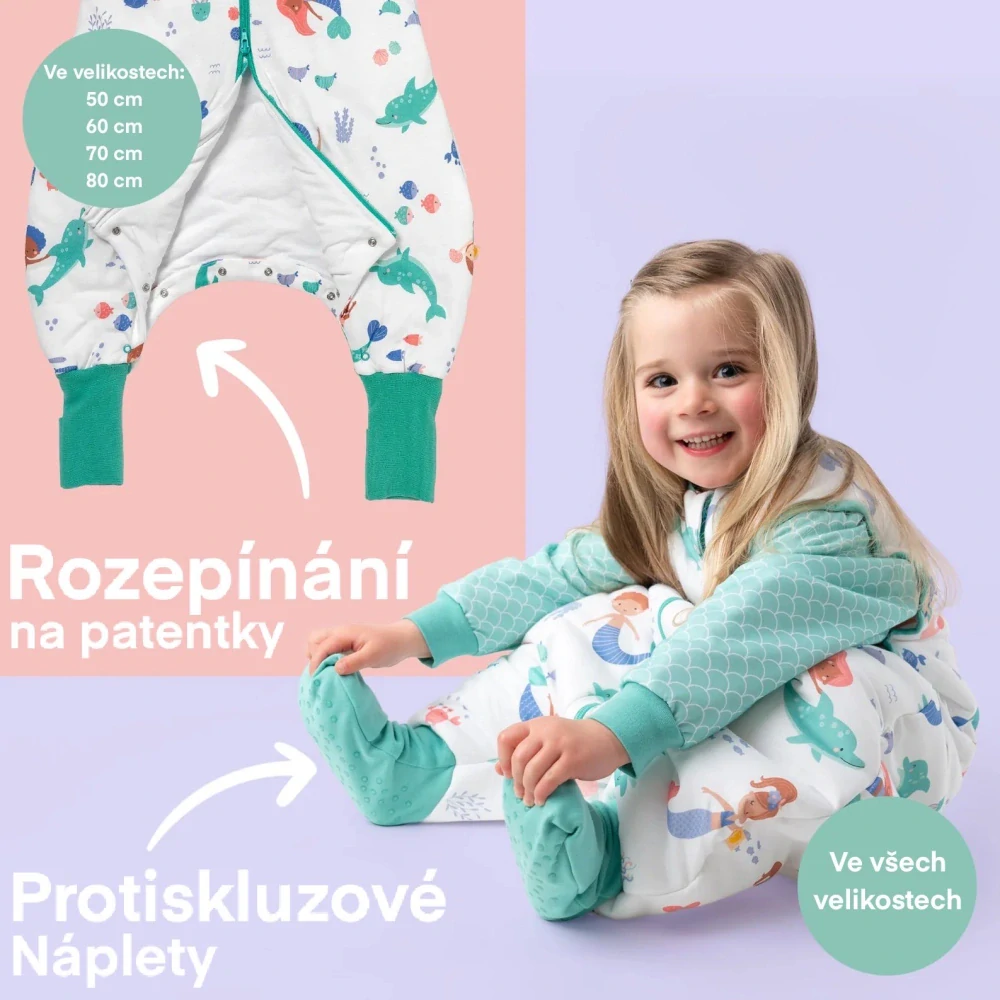 Mořská víla CELOROČNÍ PROTISKLUZOVÝ spací pytel s nohavičkami a s ODEPÍNACÍMI RUKÁVY 90cm