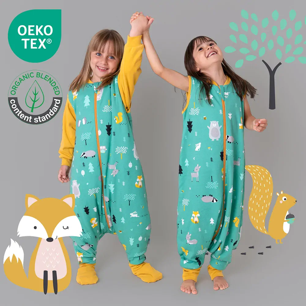 ORGANICKÁ BAVLNA - Zelený ZIMNÍ PROTISKLUZOVÝ spací pytel s nohavičkami a s ODEPÍNACÍMI RUKÁVY 80cm