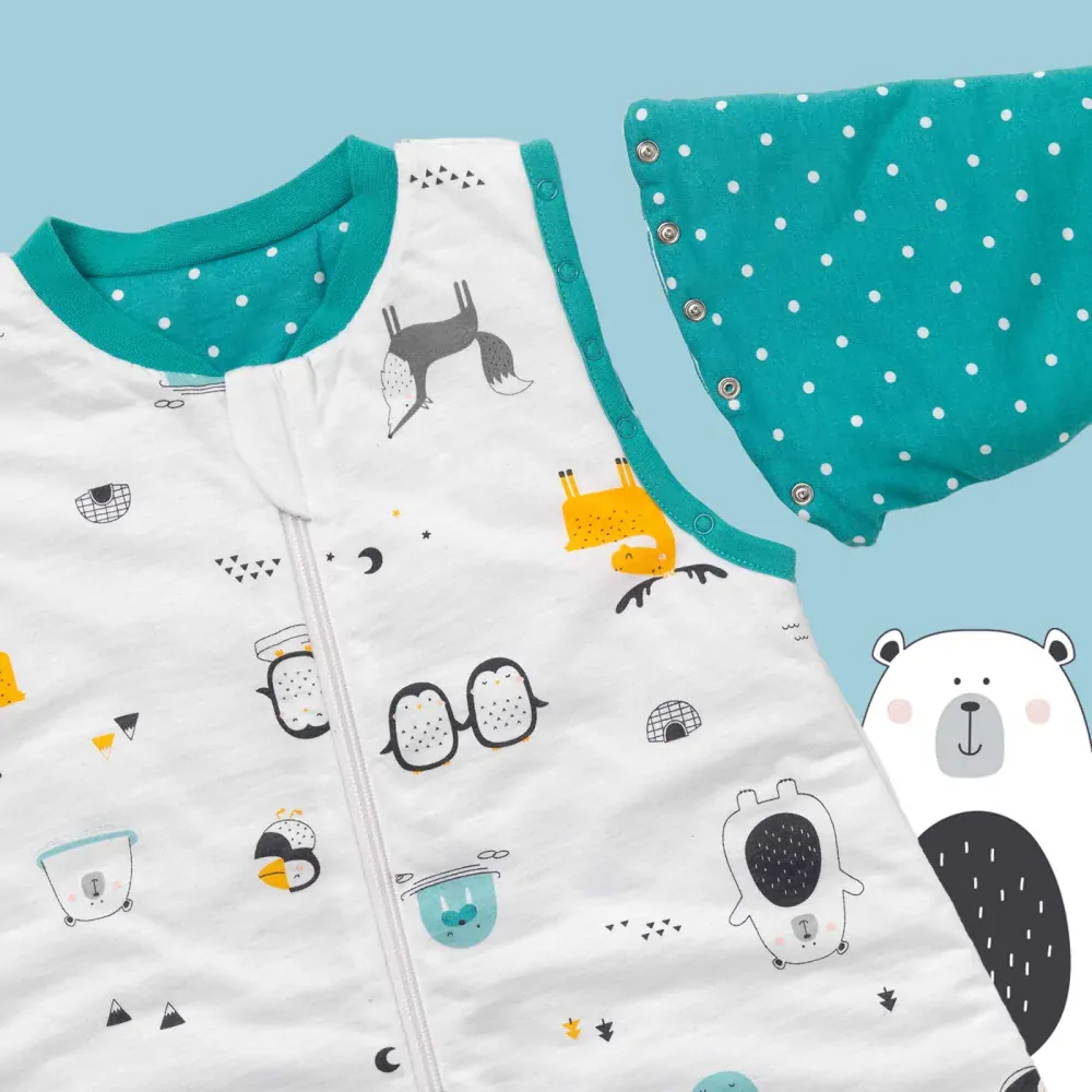 ORGANICKÁ BAVLNA - Modrý ZIMNÍ PROTISKLUZOVÝ spací pytel s nohavičkami a s ODEPÍNACÍMI RUKÁVY 60cm