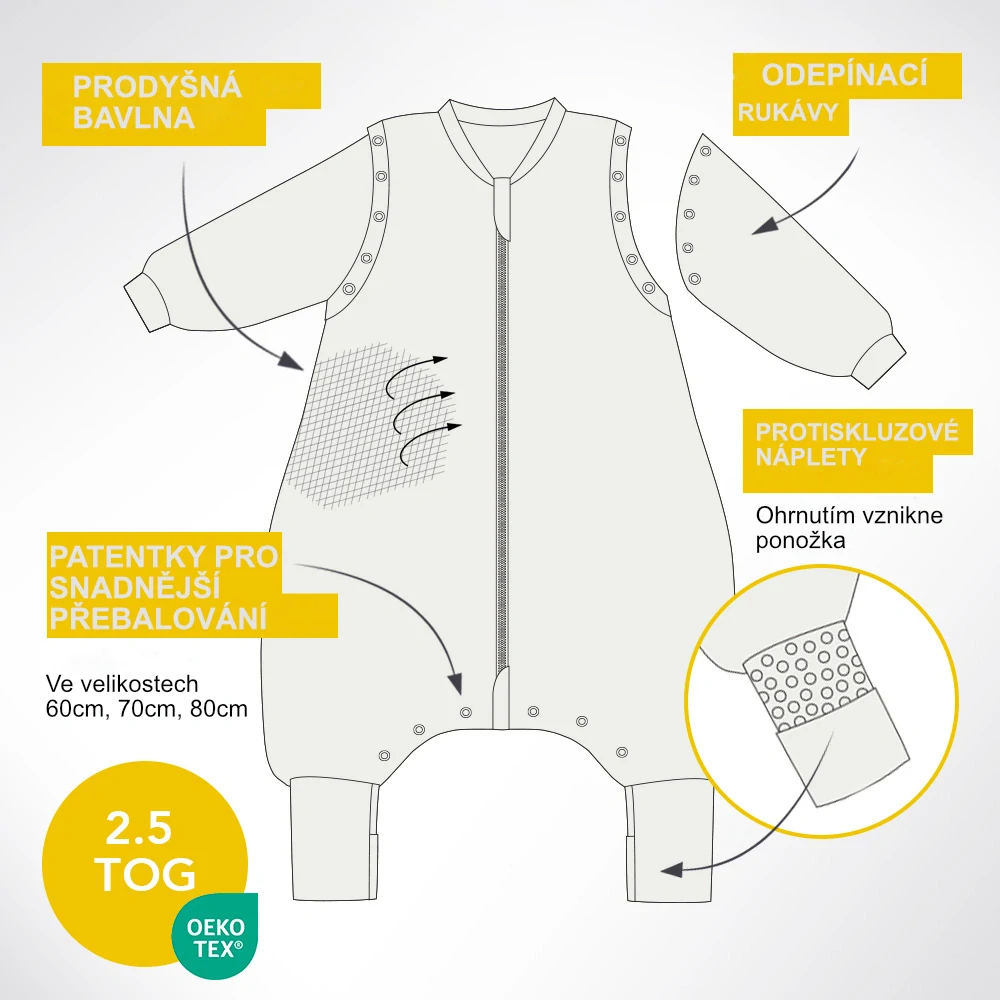 Vesmír CELOROČNÍ PROTISKLUZOVÝ spací pytel s nohavičkami a s ODEPÍNACÍMI RUKÁVY 100cm