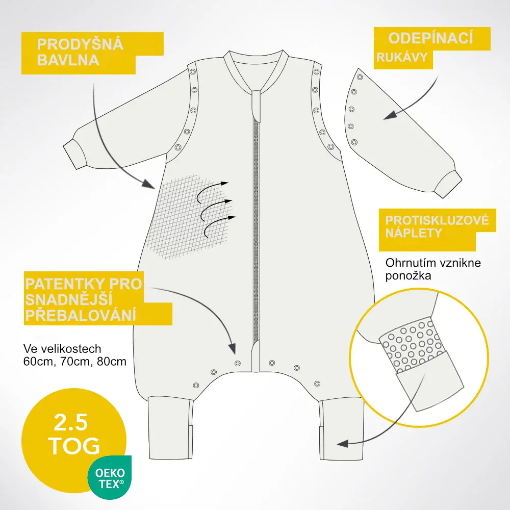 Popcorn CELOROČNÍ PROTISKLUZOVÝ spací pytel s nohavičkami a s ODEPÍNACÍMI RUKVÁVY 110cm